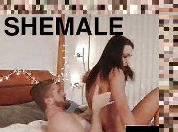 Sexy brunette shemale enjoy riding massive cock and get
