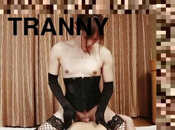 Facesitting tranny domme fucks her hard dick up his ass