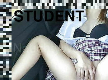 asiatisk, onani, orgasme, utendørs, skolejente, student, tenåring, fingret, bil, kåt