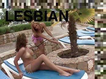 Bikini-clad lesbian getting her pussy licked next to her swimming pool