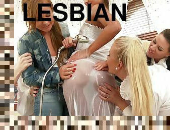 Lesbian porn star with long blonde hair enjoying a hardcore gangbang