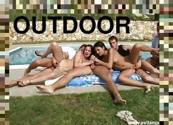 Nasty hot ass slutties gets drilled in a hot outdoor pool group orgy