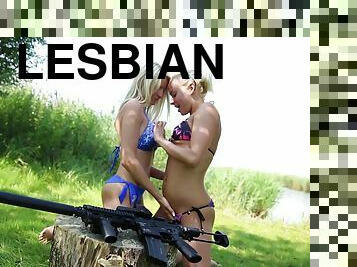Immaculate blonde lesbians taste each other's cuts outdoors