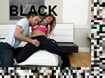 He strips off her black leggings and fucks her velvety pussy