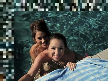 A home video captures wet, wild lesbian fun in the pool