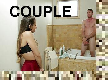 She interrupts his bath and ends up being drilled hard