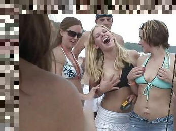 Flattering cowgirls with natural tits go wild in yacht bikini party