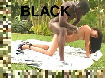 Sexy brunette chick gets fucked by a black dude in the garden