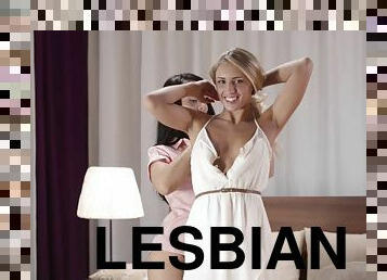 Fabulous lesbian babes making a thrilling sex tape on the bed