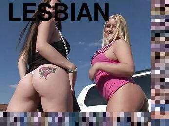 Wild lesbian babes lift up their dresses and flash their nice asses