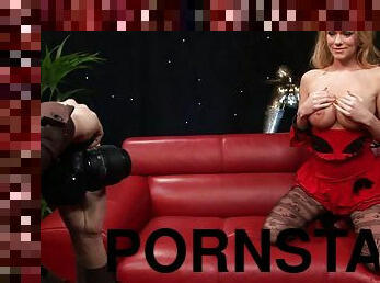 Sexy pornstar in hot lingerie enjoying steamy mmf threesome backstage