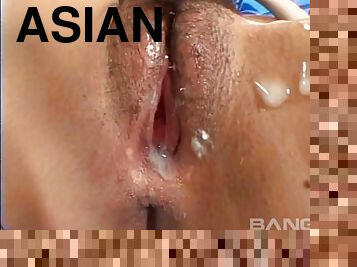 Salacious Asian amateur babe with a hairy pussy getting banged hardcore after giving a blowjob