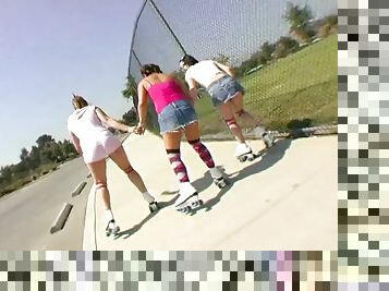 Three sporty teens skate then strip and eat some pussy