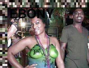 Mesmerizing ebony amateur with lovely natural tits posing on the street in at a party