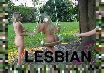 Three blonde cuties lick each other's cunts in the garden