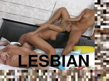 Three hot lesbians lick each other's pussies and toy them ardently
