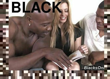 Two black dudes are going to bang this blond chick