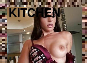 Sizzling Vanessa Sixxx toys her pussy with a dildo in a kitchen