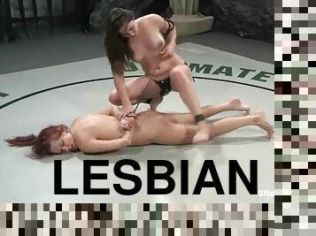 Redhead lesbian gets fucked by her rival after a fight on tatami