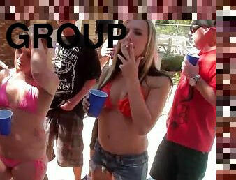 Slutty chicks get fucked at a pool party