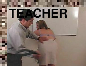 Chubby teacher Haley gets spanked by her colleague in a classroom