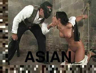 Soolin Kelter gets her mouth and Asian pussy drilled in BDSM scene