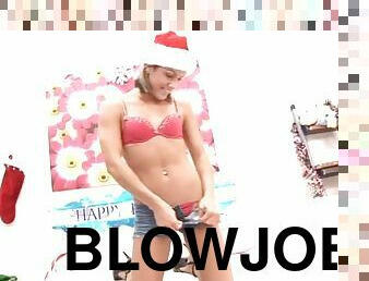 Kara Novak the sexy teen in Xmas hat gives a blowjob