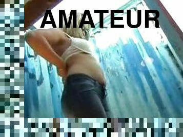 amateur, cámara, playa, voyeur, rubia, mona, vaqueros, sujetador