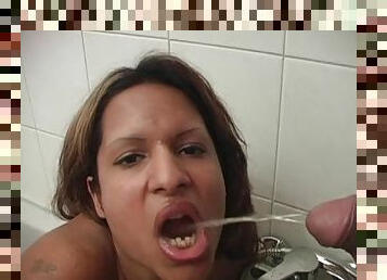 Thundy sucks a big cock and lets the guy pee in her mouth