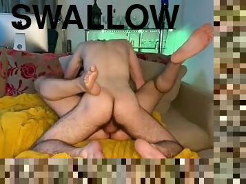 Sucking, swallowing cum from this twinks uncut cock, then he bareback fucks me and cums again.