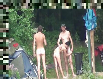 Naked camping with two men and a sexy brunette