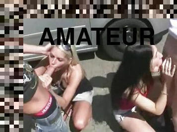 2 hot amateur sluts in an outdoor group sex action
