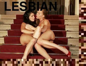 Hot babes are going lesbian on the stairway to heaven