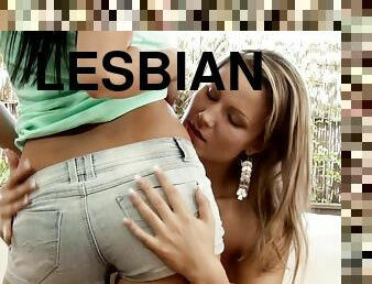 Two beautiful women play lesbian games in the morning