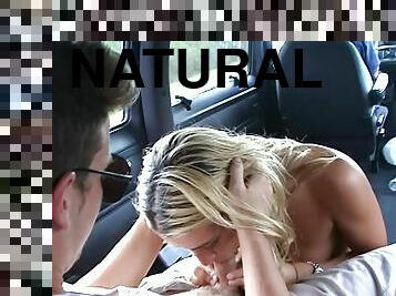 Blonde Girl with Nice Natural Tits Sucks and Fucks in the Backseat of Car