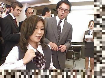 Desirous Japanese babes get their big tits fondled at work