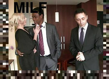 A business meeting turns into an interracial MMF threesome