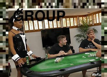 During poker night a group of white guys gangbang the hot, ebony maid