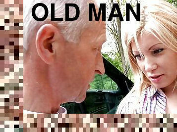 Super cute blonde having a hardcore fun with an wild old man outdoor