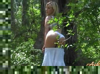 Just off the trail in the woods we find Ashley Fires masturbating