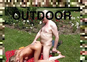 An old guy lays the pipe to a sexy teen slut during a picnic