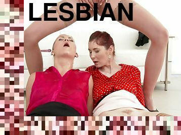 Dirty high-heeled lesbian with long blonde hair enjoying a hardcore threesome