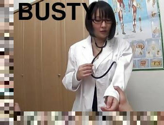 Busty Japanese doctor Hanyuu Arisa spreads her legs to ride a cock