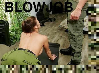 Hardcore butt fucking in the army ends with a facial for Alexis Fawx