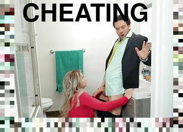 Cheating wife Emily Right rides his best friend in the bathroom