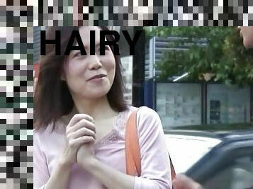 Hairy pussy Japanese girl enjoys getting fucked in prone-bone