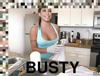 Busty maid Julianna Vega enjoys cleaning naked and sucks a dick