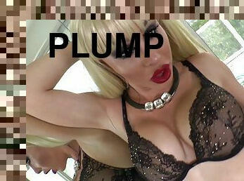 Solo tranny with big tits and plump red lipstick masturbates her cock