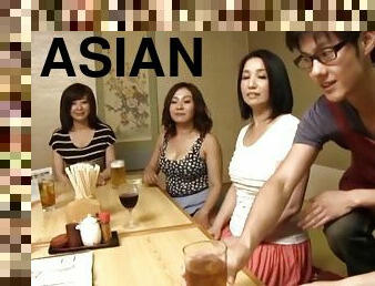 Asian girls reverse gangbang the waiter at their restaurant