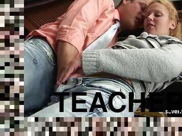 The teacher drops the meat hammer on his hot blonde student